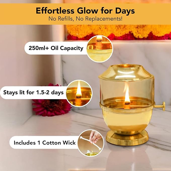100% Pure Brass Akhand Jyot Diya with Adjustable Bati Knob, Wick Lifting Screw Lever, Glass Cover (Large Size, 250 ml Oil Capacity, Stay Lit for 48 Hours, Wick Included, Authentic Borosilicate)