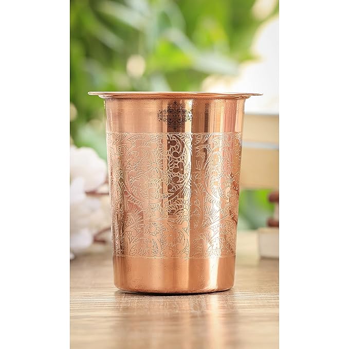 Copper Glass Tumbler with Lid  Embossed Design (Set of 2)