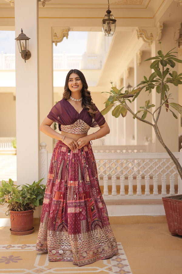 Aastha fashion wine Lehenga Chinnon koti febric embroidery