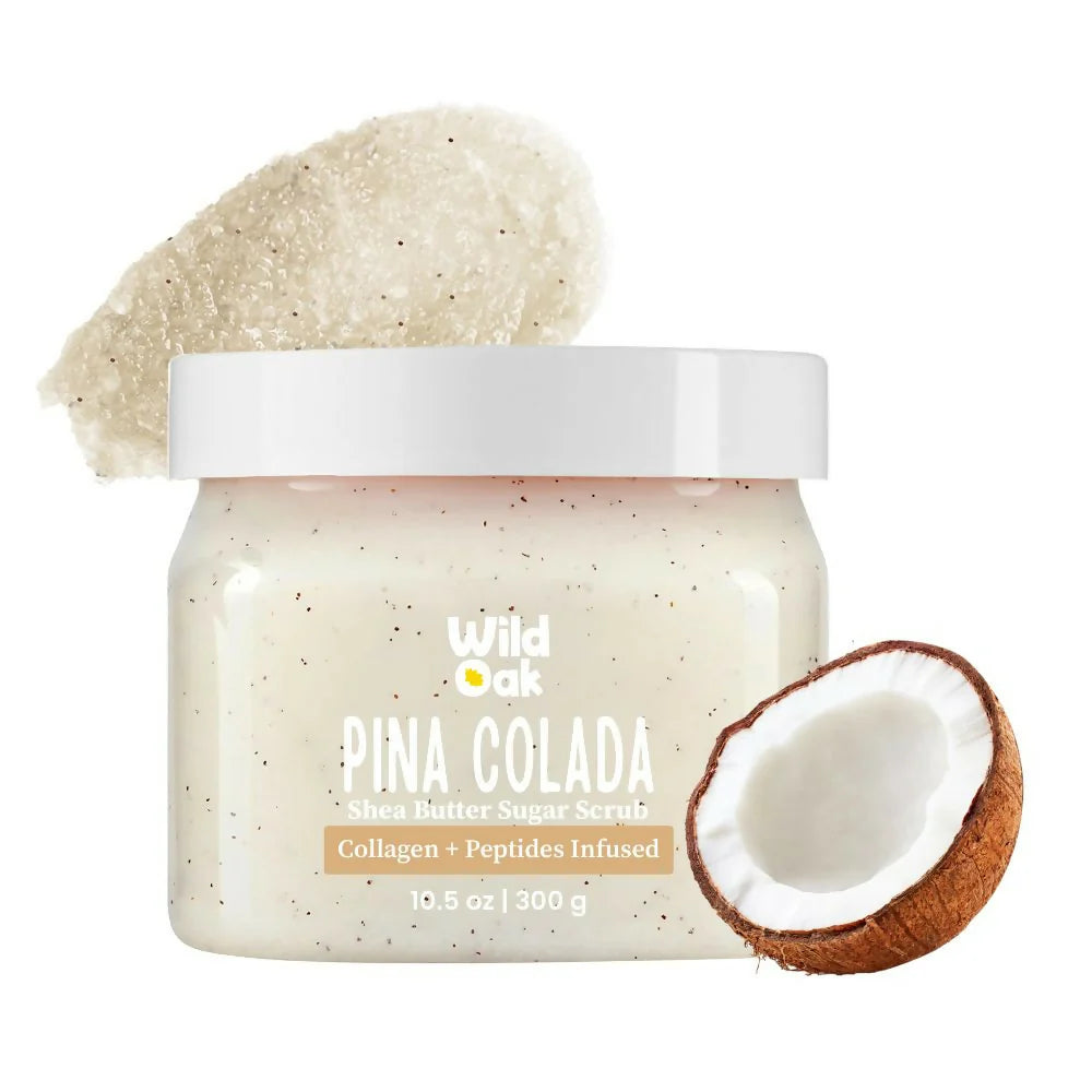 WildOak Pina Colada Shea Butter Sugar Scrub | 300gm | With Vegan Collagen & Peptides | Tan Removal & Smooth Skin | Removes Dead Skin | Ultra Hydrating, Exfoliating & Moisturising Sugar Body Scrub