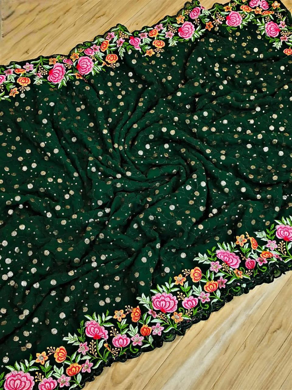 Aastha Green Soft Georgette Fabric with Banglori Blouse fabric Beautiful Sequance and multicoloured Embroidery work