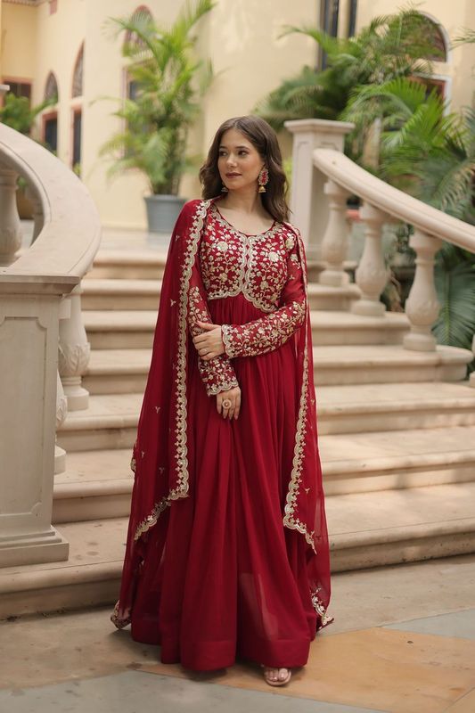 Aastha Maroon Faux Blooming with Gown Sequins-Multi & Zari Embroidered Work