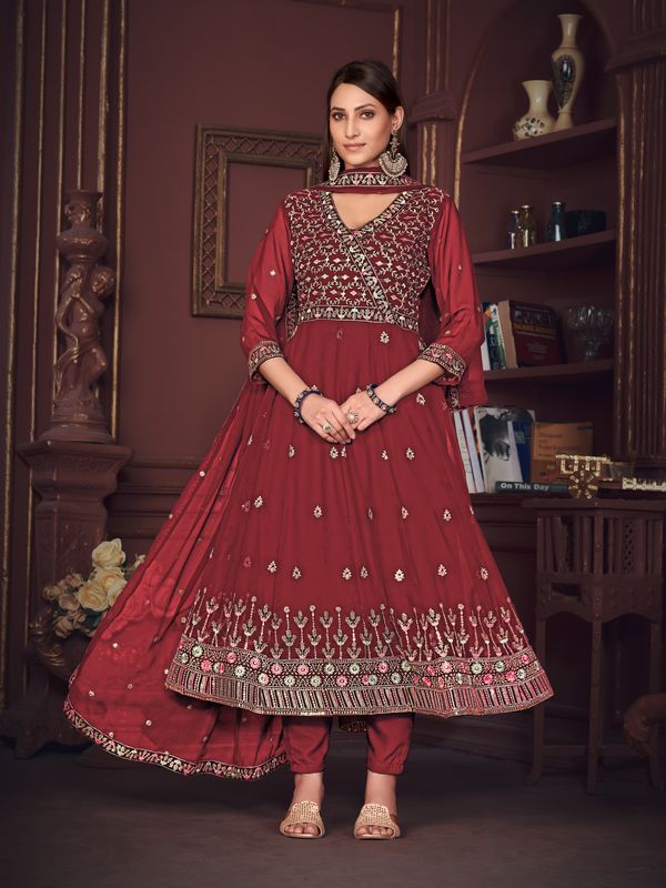 Aastha Maroon with Net top fabric Santoon Net Bottom fabric
