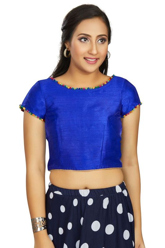 Aastha fashion Blue Art Slik Boat Neck Blouse Work Plain