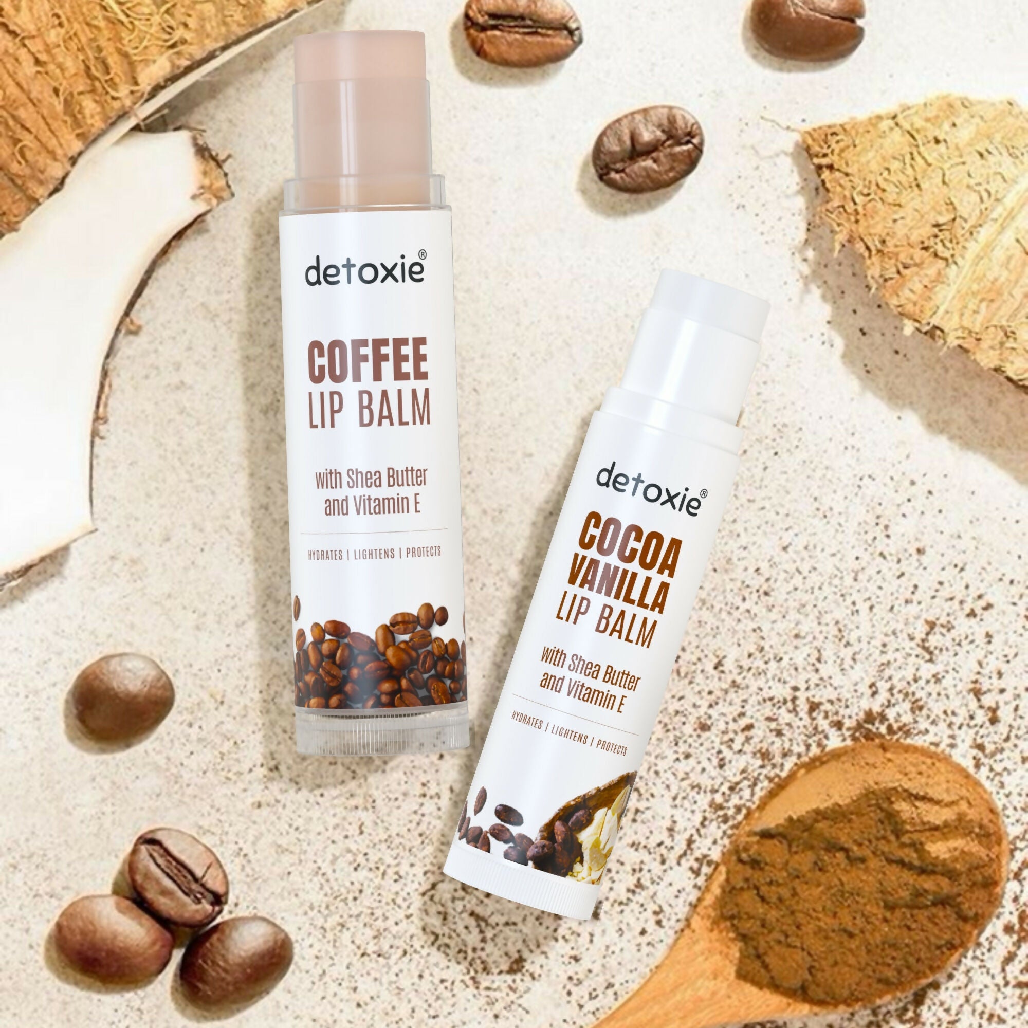 Detoxie Lip Balms Coffee & Cocoa Vanilla With Shea Butter Vitamin E and Liquorice