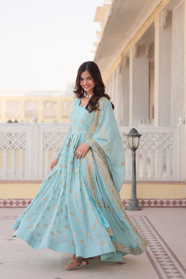 Aastha Sky Faux Georgette with Gown fabric Embroidery Zari Sequins