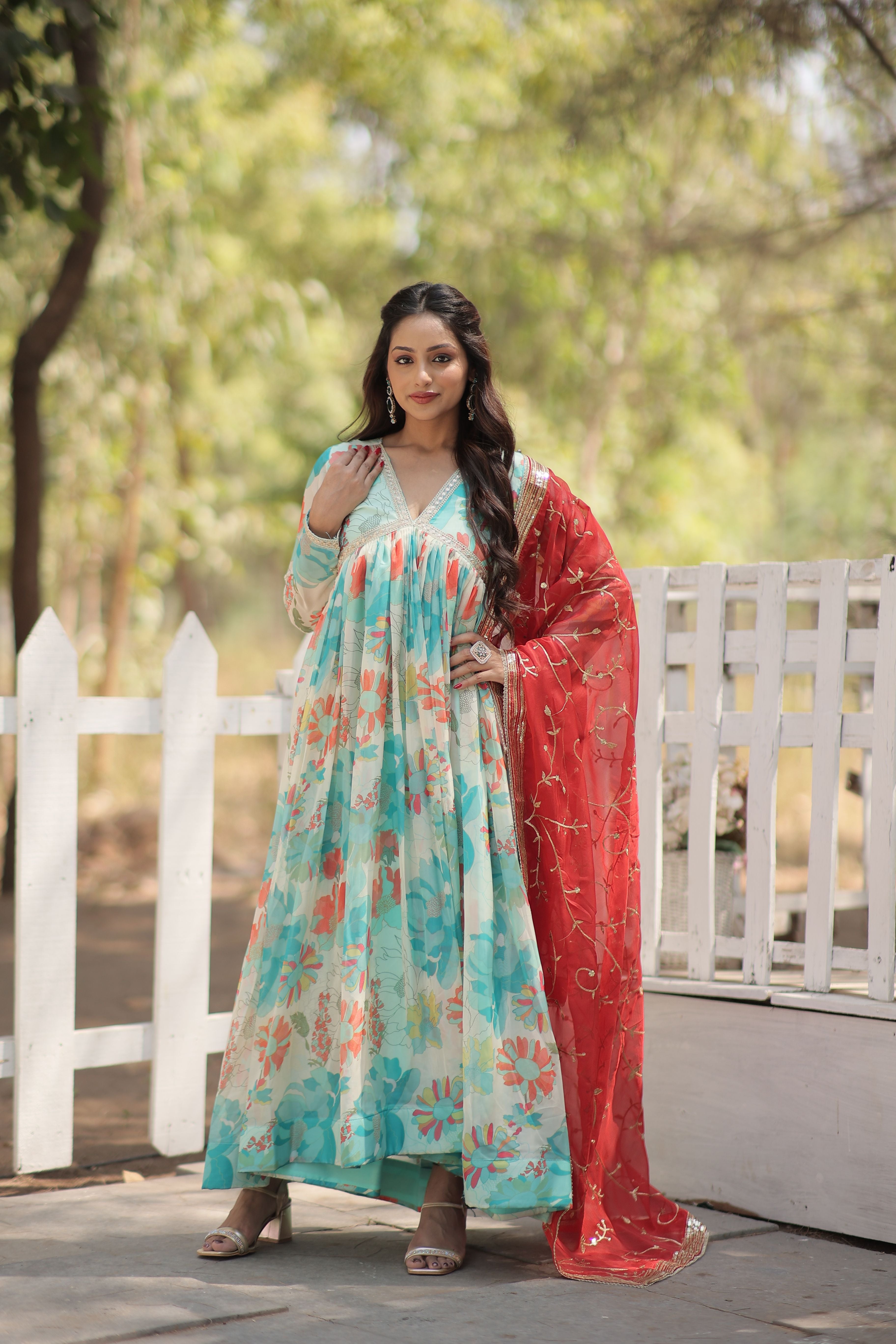 Aastha Sky with Gown Russian silk Digital Printed