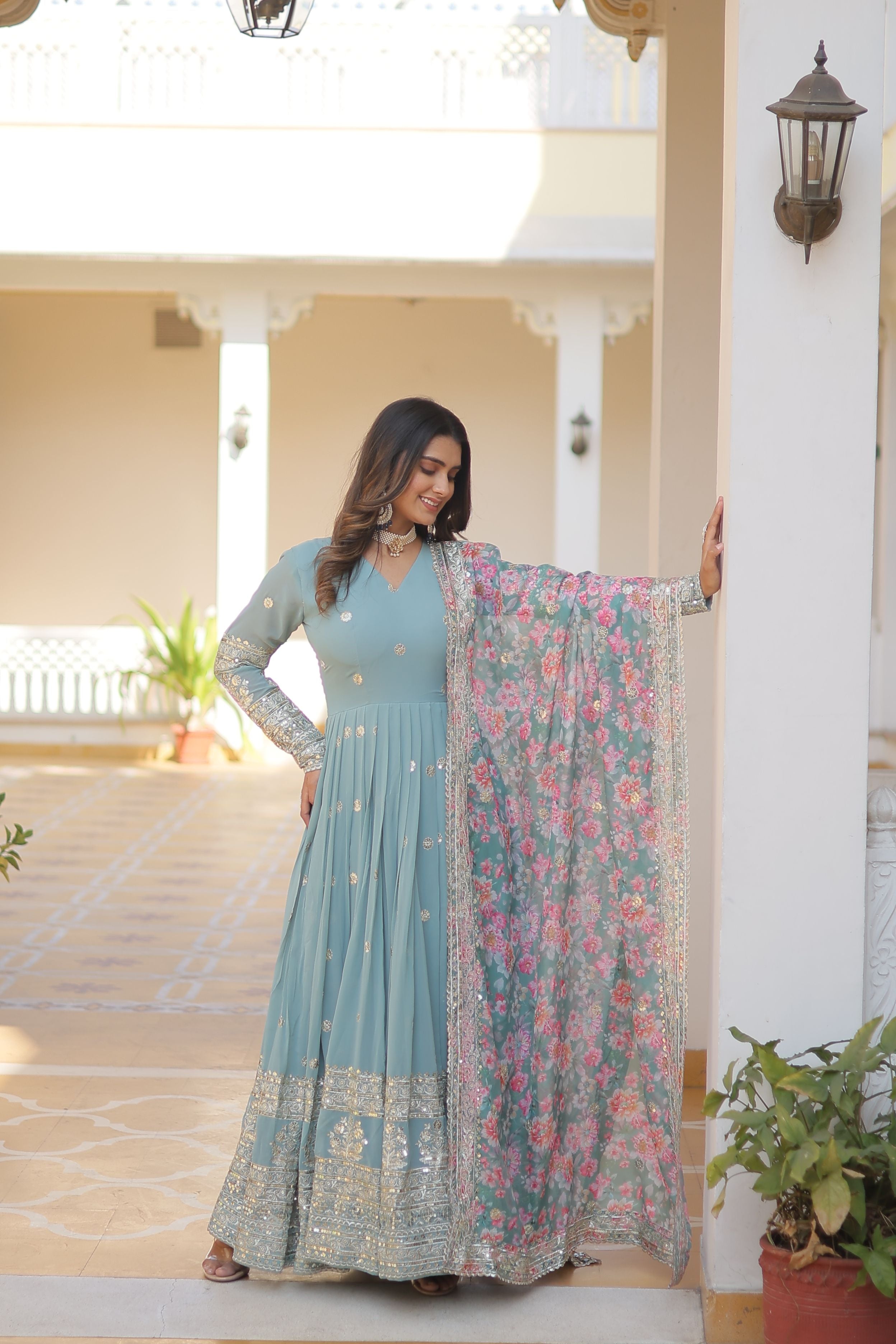 Aastha Sky Faux Georgette with Gown Embroidery Sequins Embroidered work