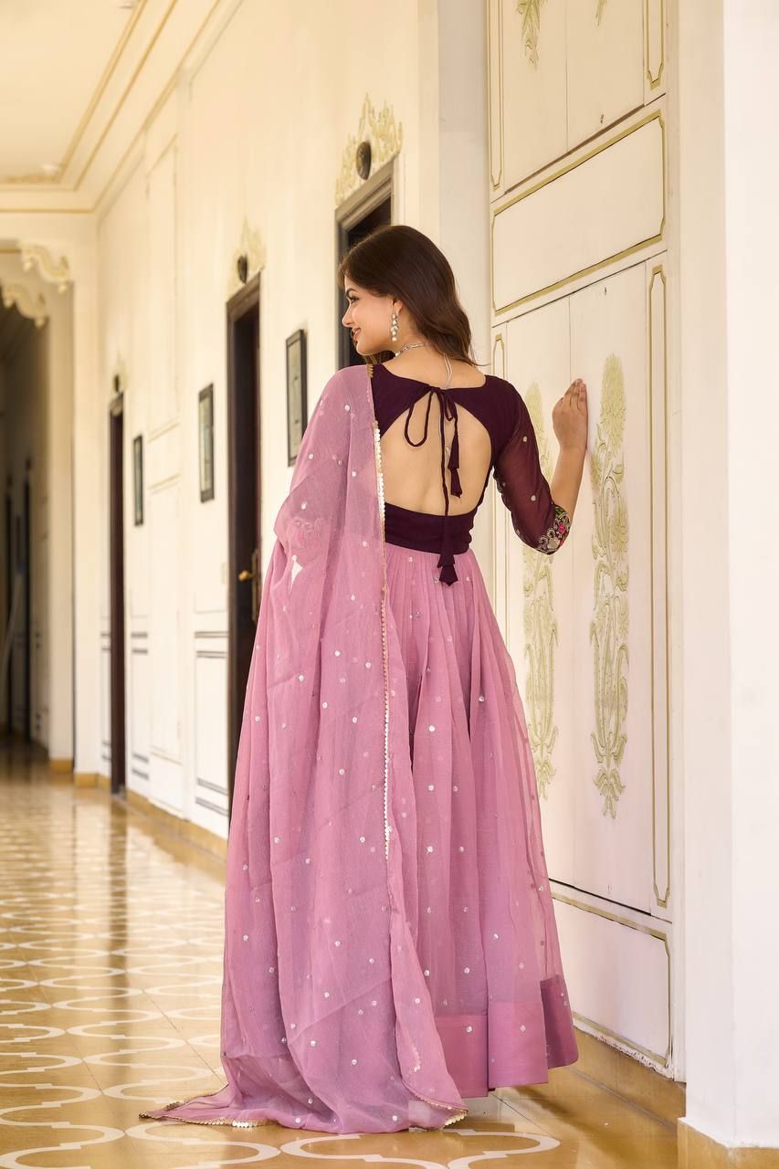 Aastha Pink Fox Georgette with Gown Fabric Hsequence Embroidery with thread Work