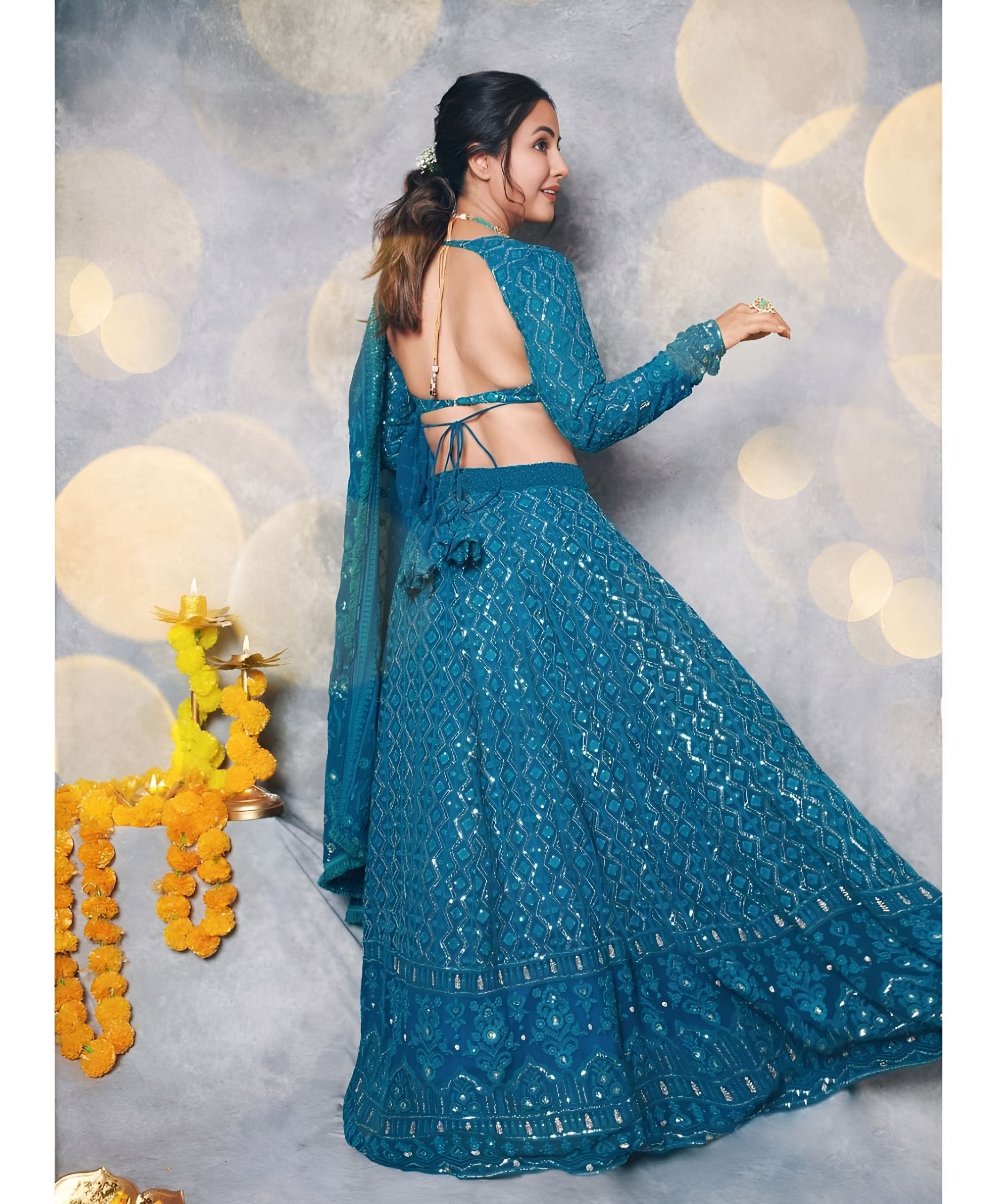 Aastha fashion Rama Faux Georgette lehanga blouse fabric Sequence with Thread and Jari Embroidery Work