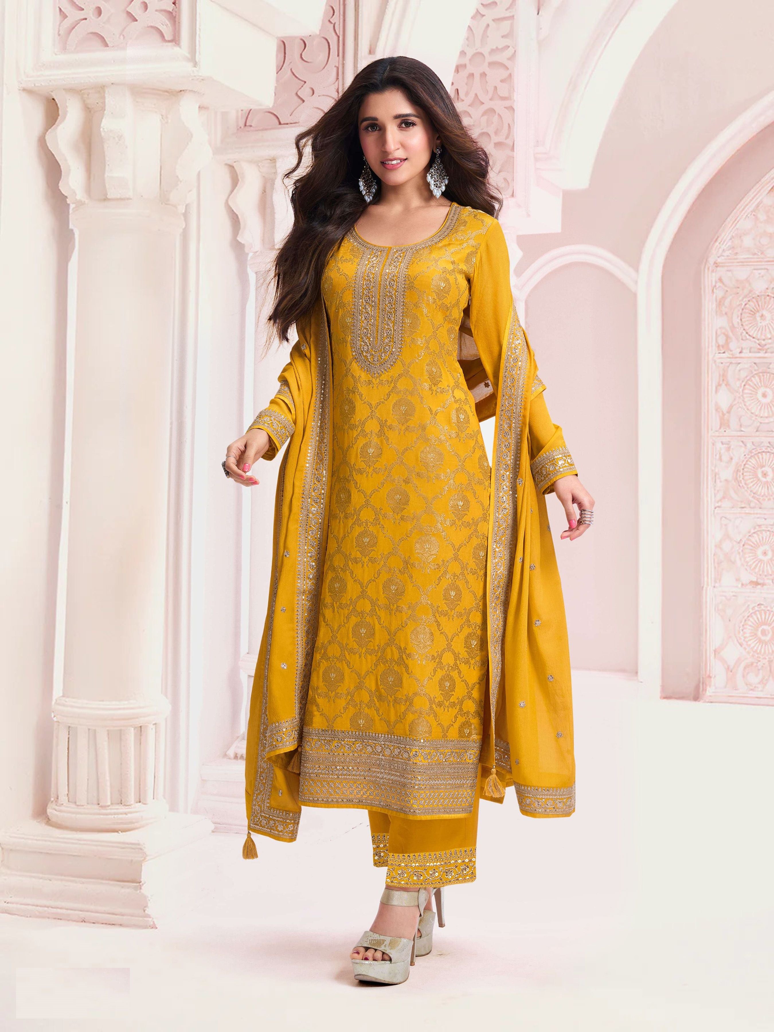 Aastha Yellow Dupatta with Jacquard Viscose top fabric santoon Bottom fabric