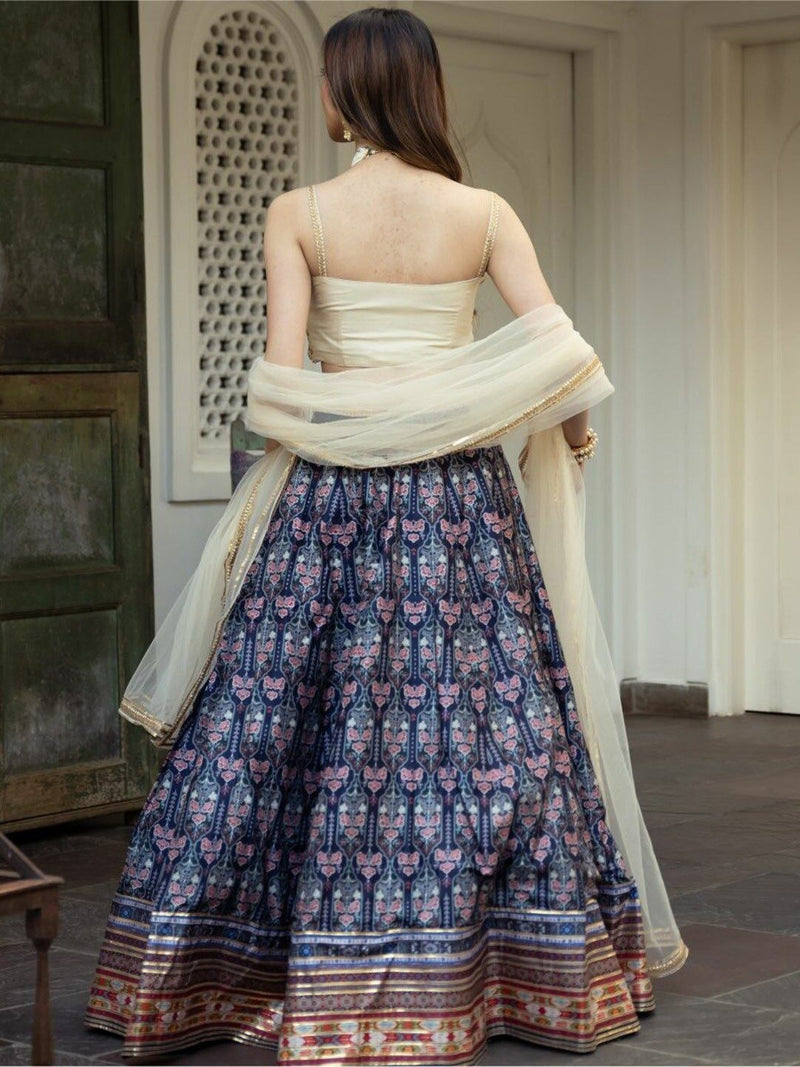 Aastha fashion Blue Organza lehanga blouse fabric Floral Digital Print with Embroidery Work