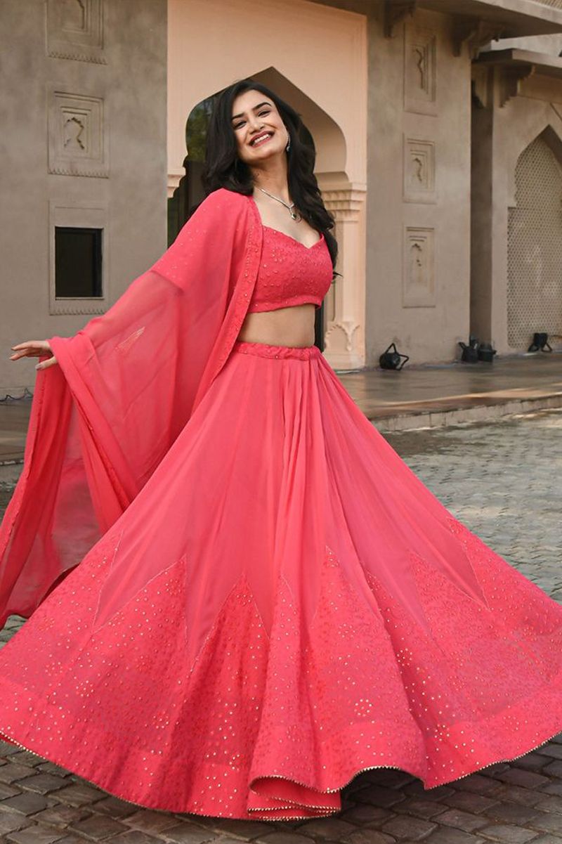 Aastha fashion Coral Georgette lehanga blouse Embroidered work - Prithvi Mart