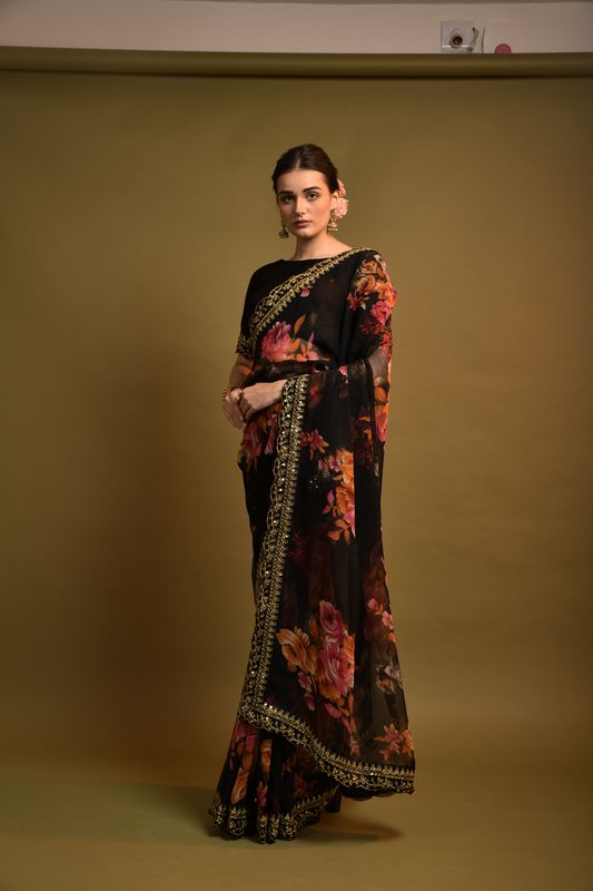 Aastha Black Heavy soft Chiffon Heavy Mono Banglori beautiful floral Print Work