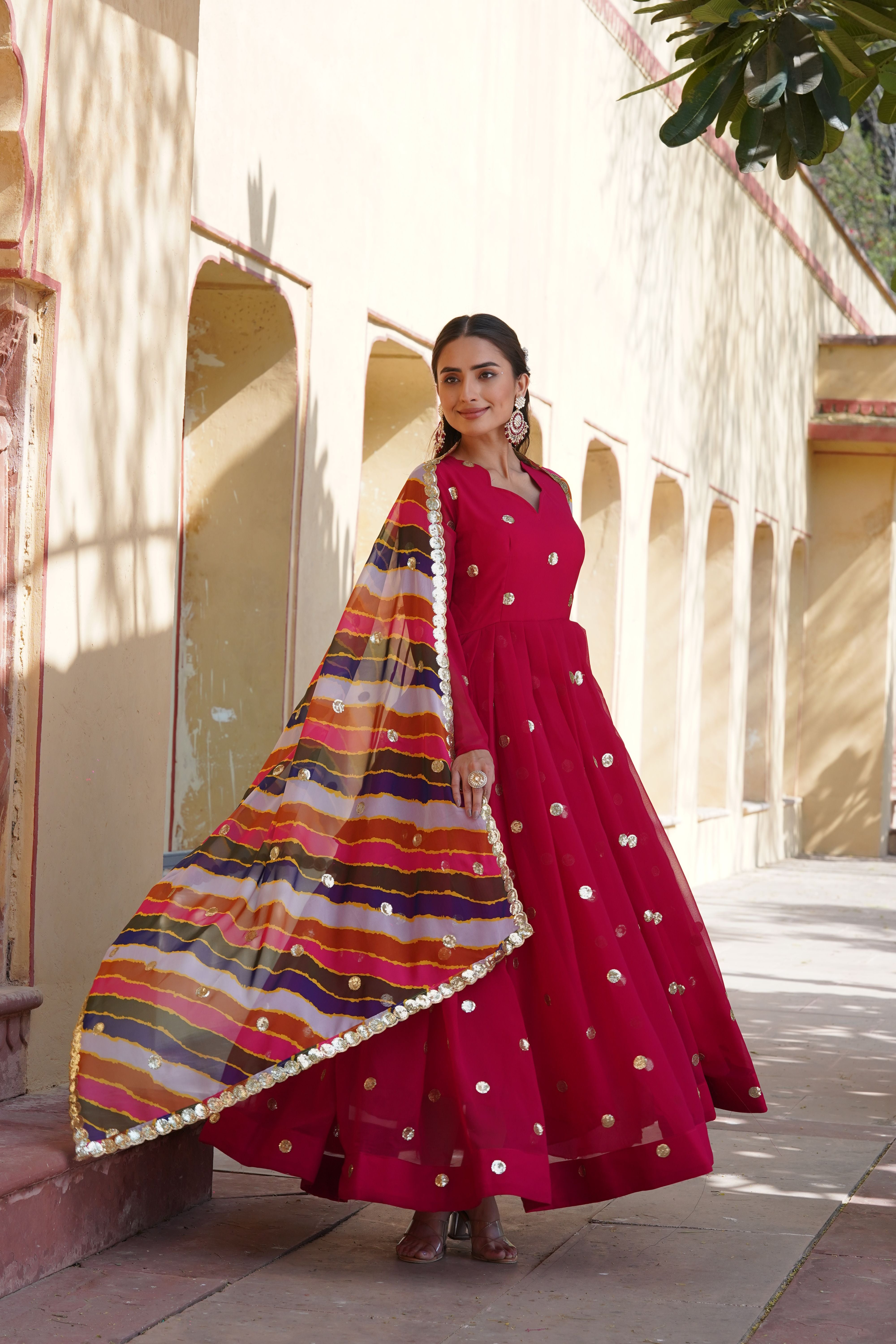 Aastha Rani pink Faux Georgette with Gown fabric Printed