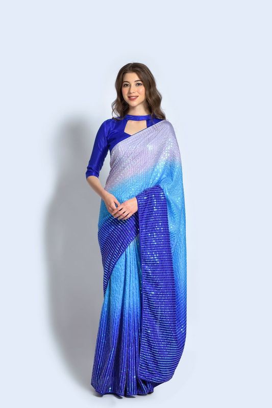 Aastha Multi Vichitra silk Heavy Satin Banglori work Blue color