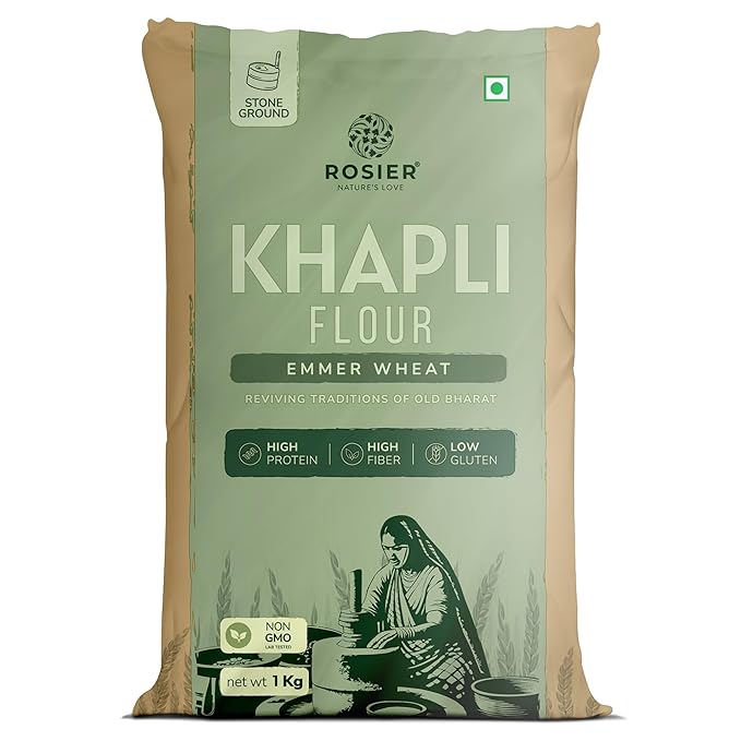 Rosier khapli atta, Khapli Wheat Flour 1KG  | High Protein & Fiber | Easy Digestion | Stoneground Emmer Wheat Chakki Atta | Low Gluten Ancient Grain | Organic Atta | 100% Natural