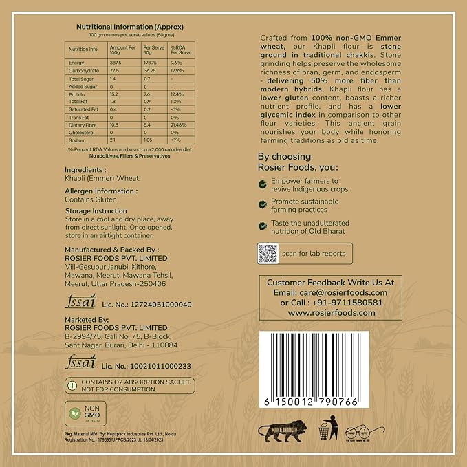 Rosier khapli atta, Khapli Wheat Flour 1KG  | High Protein & Fiber | Easy Digestion | Stoneground Emmer Wheat Chakki Atta | Low Gluten Ancient Grain | Organic Atta | 100% Natural