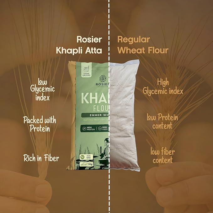 Rosier khapli atta, Khapli Wheat Flour 1KG  | High Protein & Fiber | Easy Digestion | Stoneground Emmer Wheat Chakki Atta | Low Gluten Ancient Grain | Organic Atta | 100% Natural