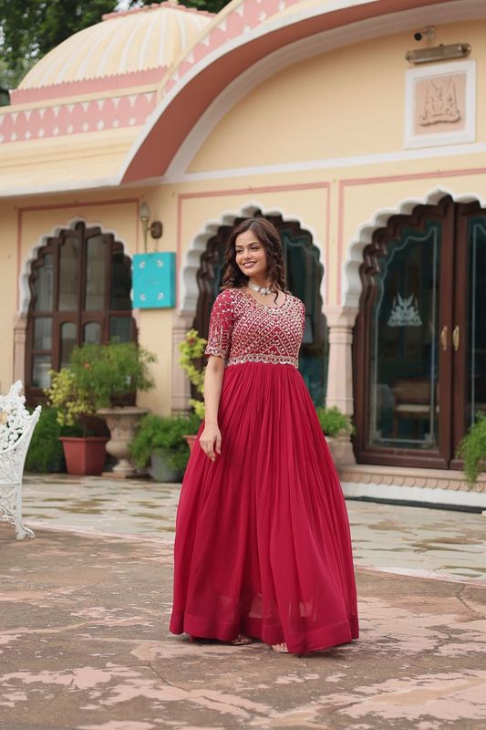 Aastha Pink Faux Blooming with Gown Embroidery Zari Sequins-work