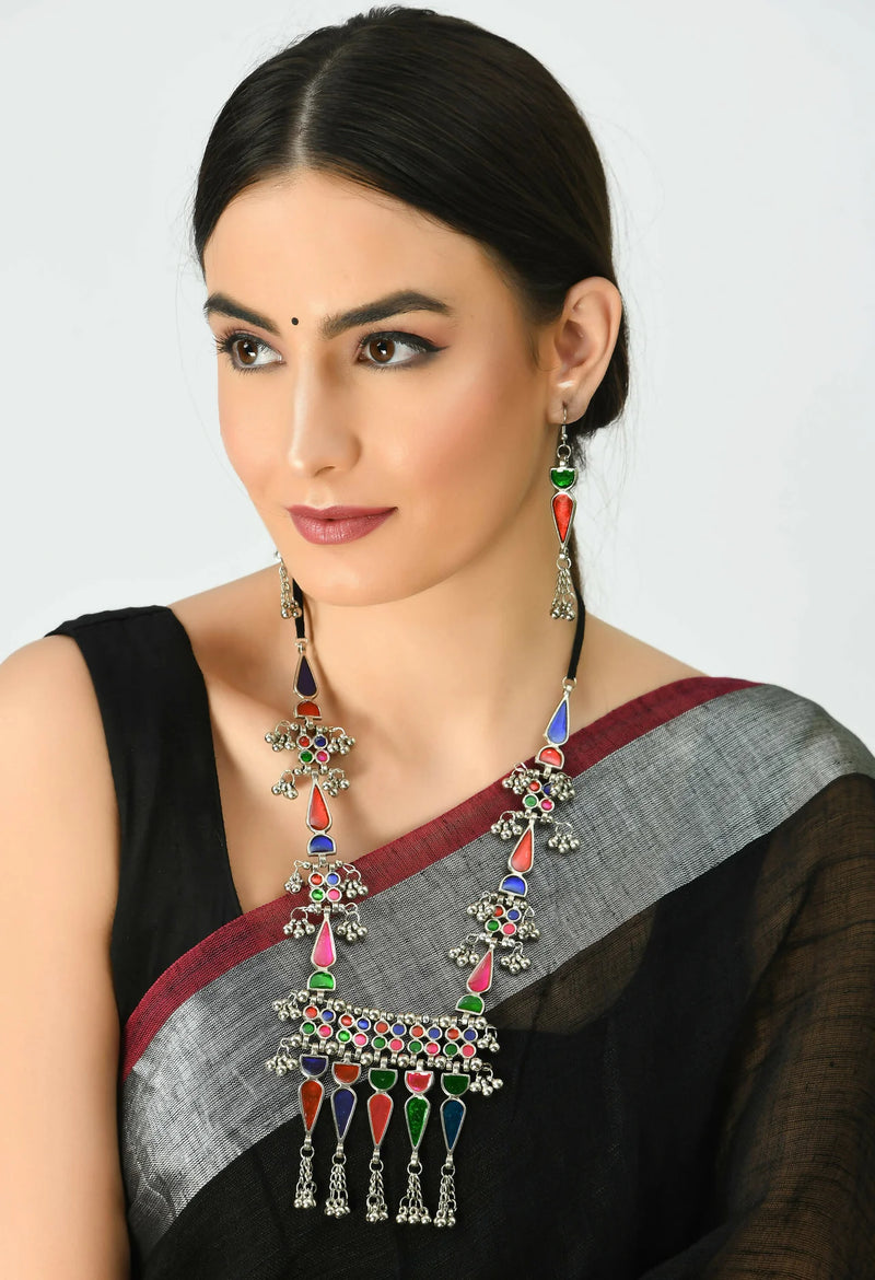 WOMENS MULTY COLOUR MINAKARI OXIDISED NACKLACE SET