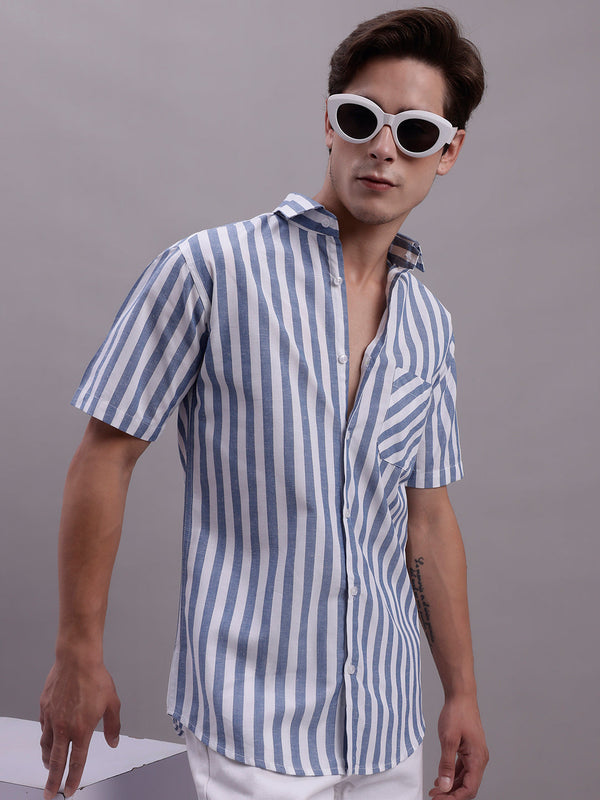 Men's Blue Vertical Striped Half Sleeve Casual Shirt