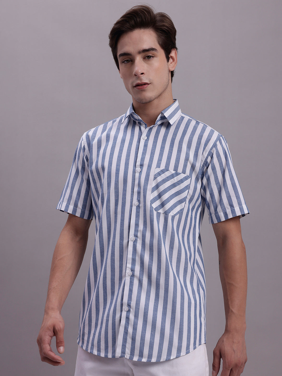 Men's Blue Vertical Striped Half Sleeve Casual Shirt
