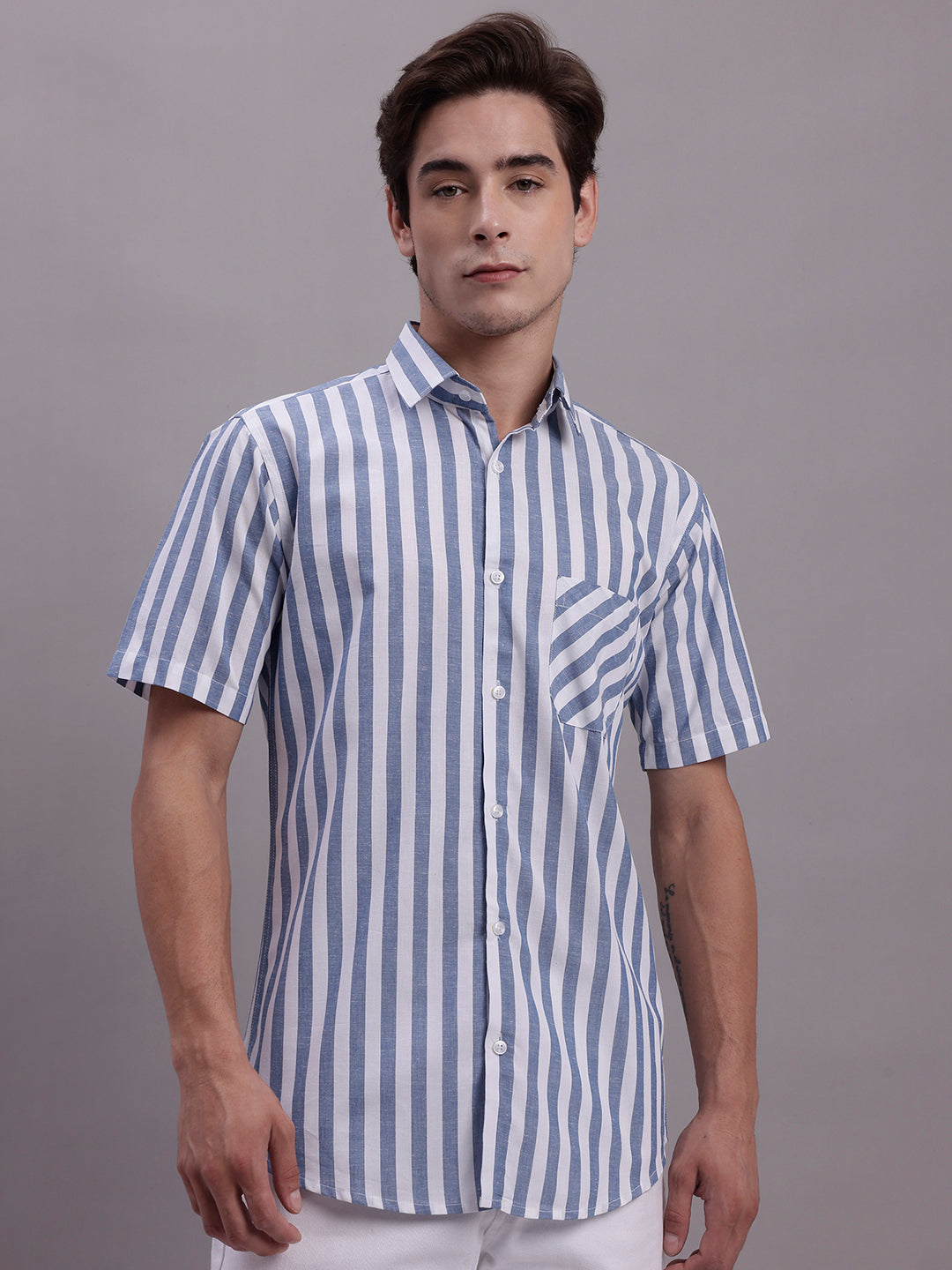 Men's Blue Vertical Striped Half Sleeve Casual Shirt