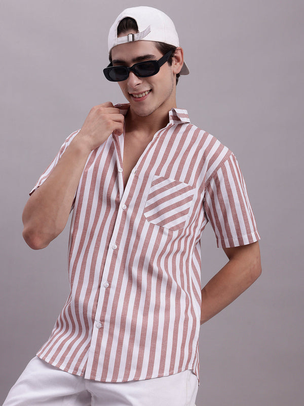 Men's Red Vertical Striped Half Sleeve Casual Shirt