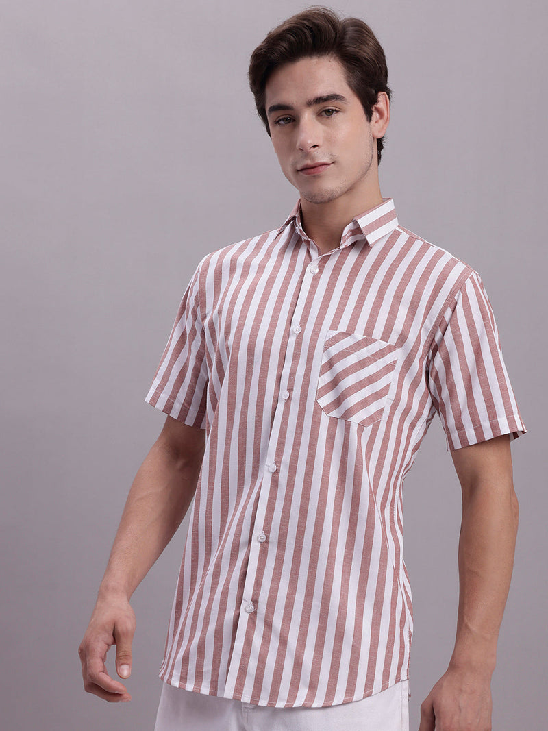 Men's Red Vertical Striped Half Sleeve Casual Shirt