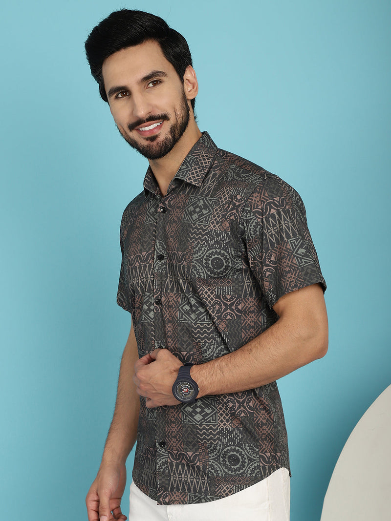 Dark-Grey Printed Casual Shirt