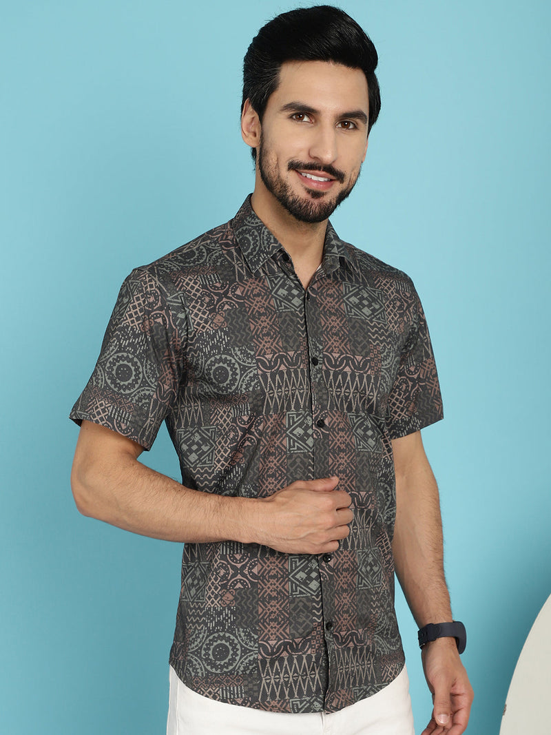 Dark-Grey Printed Casual Shirt