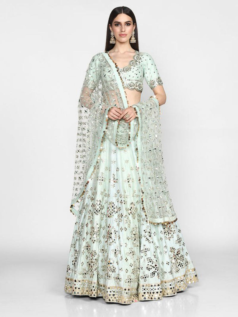 Aastha fashion off pista Lehenga Choli with heavy banglori slik blouse fabric