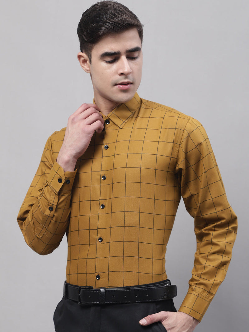 Men's Mustard Cotton Checked Formal Shirt