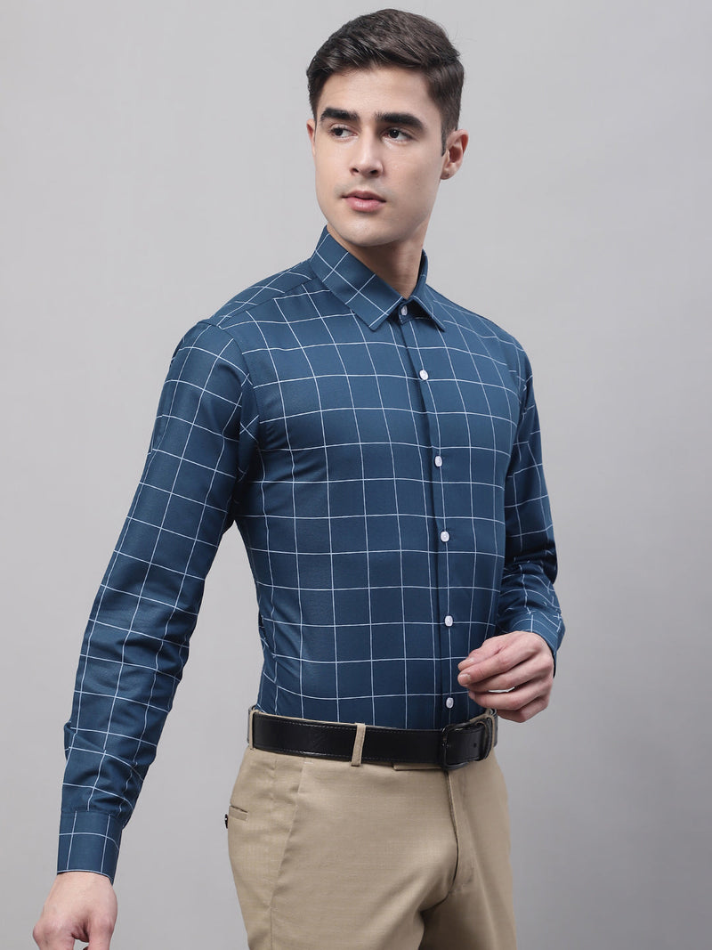 Men's Teal Blue Cotton Checked Formal Shirt