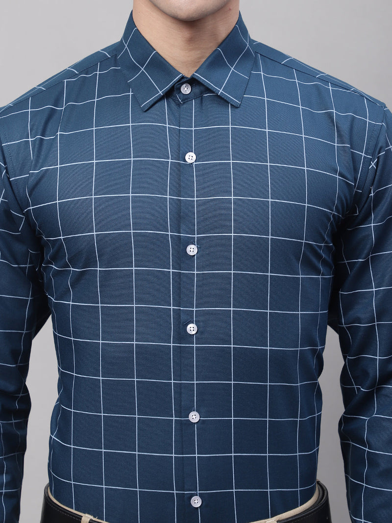 Men's Teal Blue Cotton Checked Formal Shirt