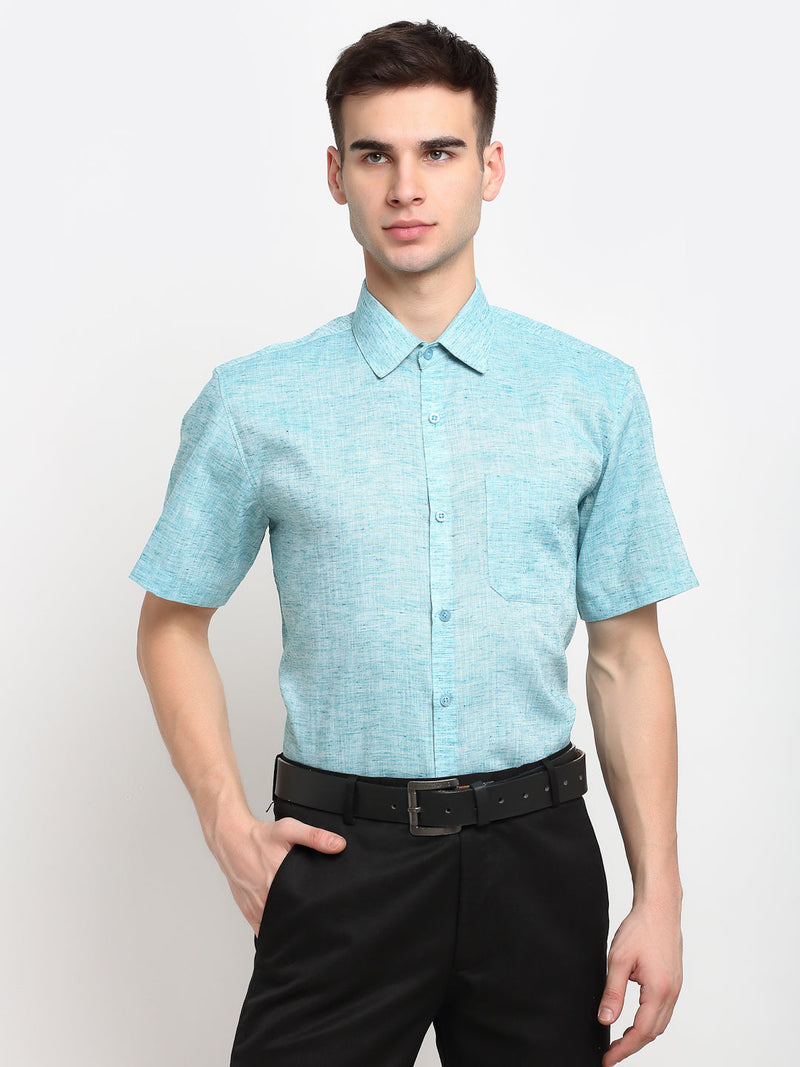 Indian Needle Green Men's Solid Cotton Half Sleeves Formal Shirt