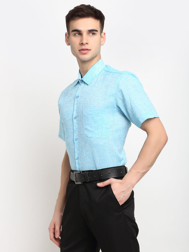 Indian Needle Blue Men's Solid Cotton Half Sleeves Formal Shirt