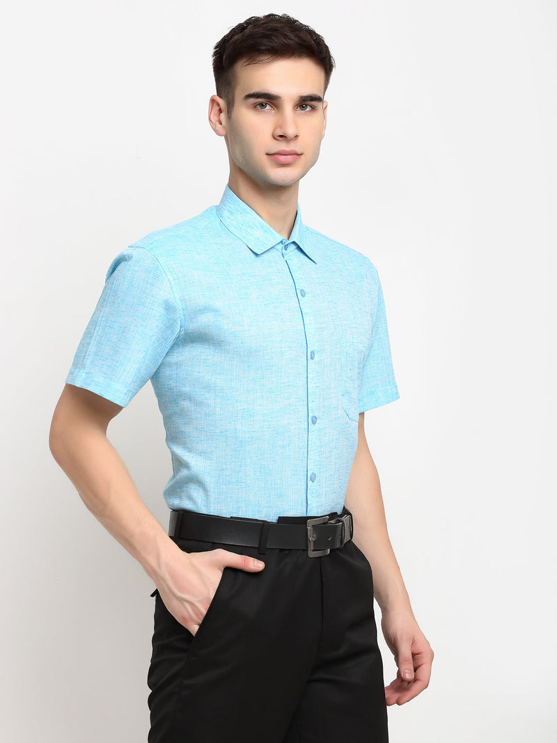 Indian Needle Blue Men's Solid Cotton Half Sleeves Formal Shirt