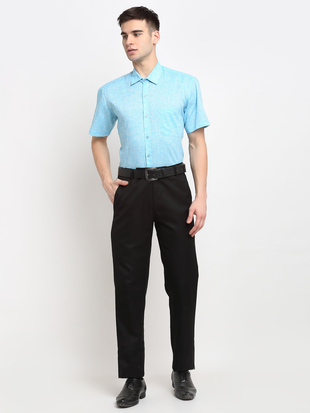 Indian Needle Blue Men's Solid Cotton Half Sleeves Formal Shirt