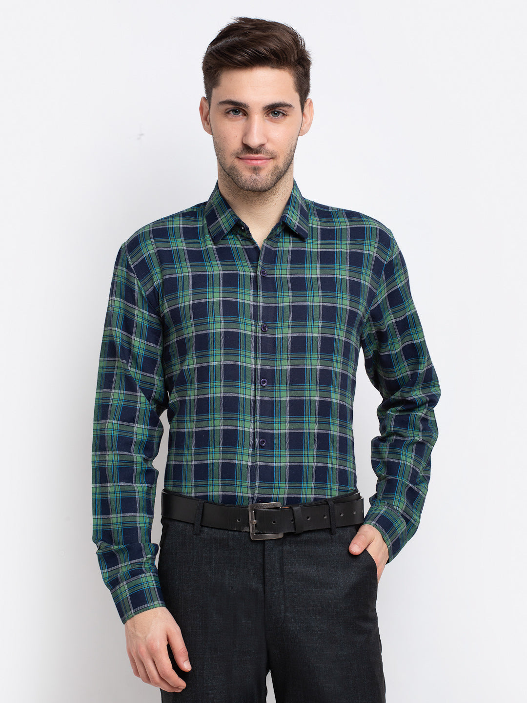 Indian Needle Green Men's Checked Cotton Formal Shirt