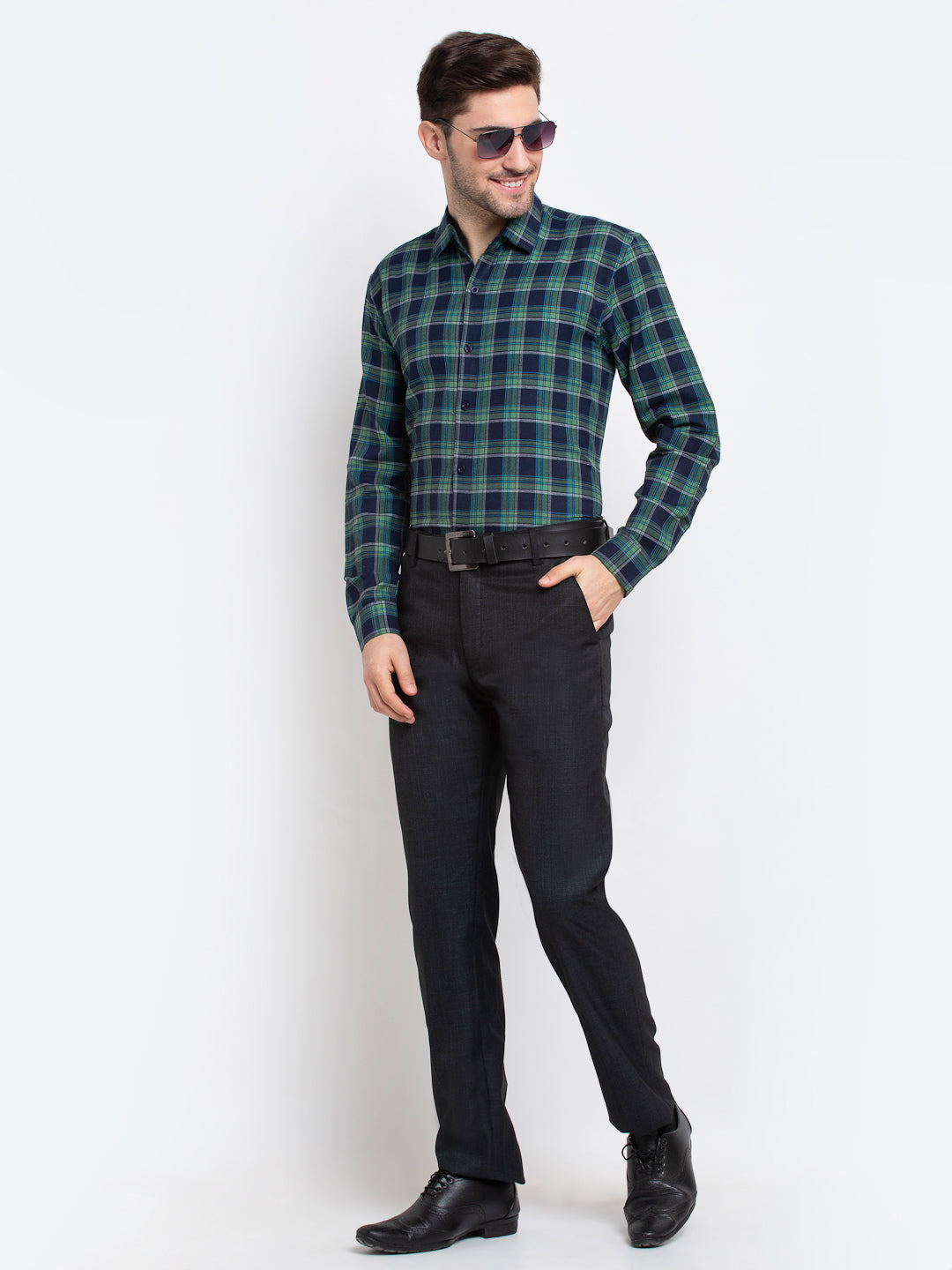 Indian Needle Green Men's Checked Cotton Formal Shirt