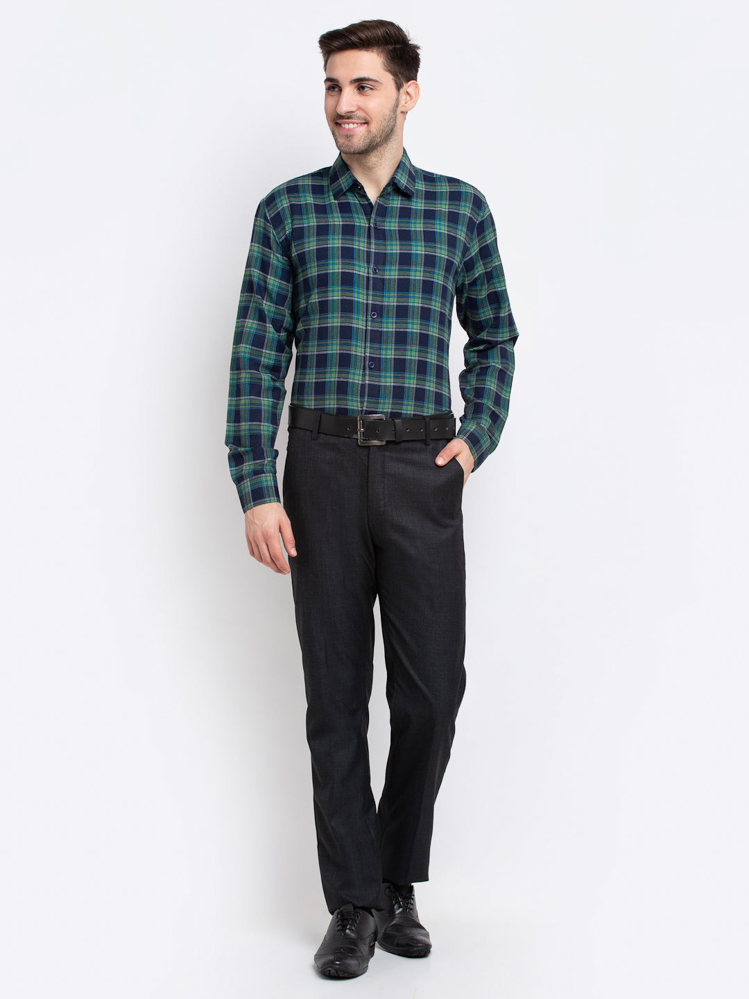 Indian Needle Green Men's Checked Cotton Formal Shirt