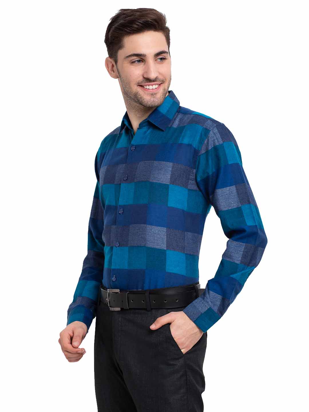 Indian Needle Blue Men's Checked Cotton Formal Shirt