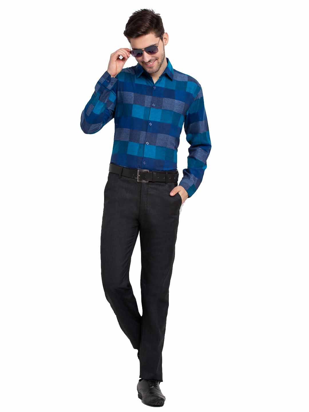 Indian Needle Blue Men's Checked Cotton Formal Shirt