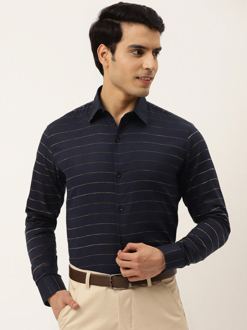 Indian Needle Men's Formal Cotton Horizontal Striped Shirt