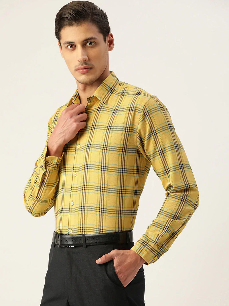 Jainish Men's Cotton Checked Formal Shirts ( SF 793Yellow )