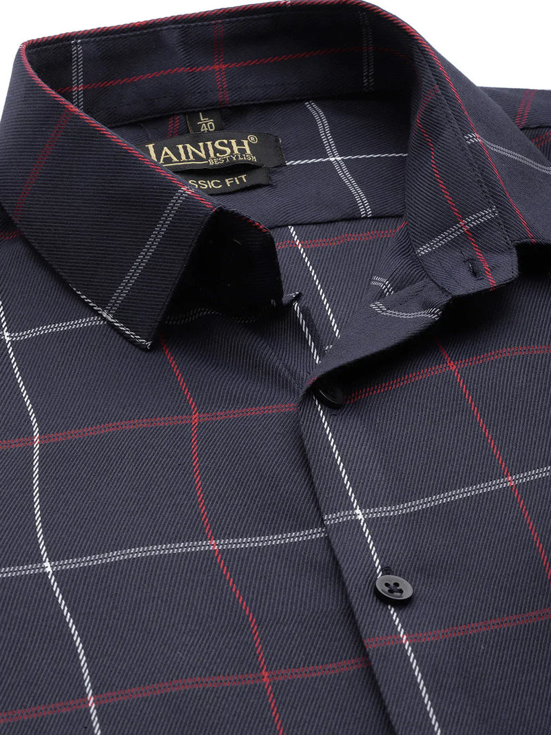 Jainish Men's Cotton Checked Formal Shirts ( SF 797Navy )