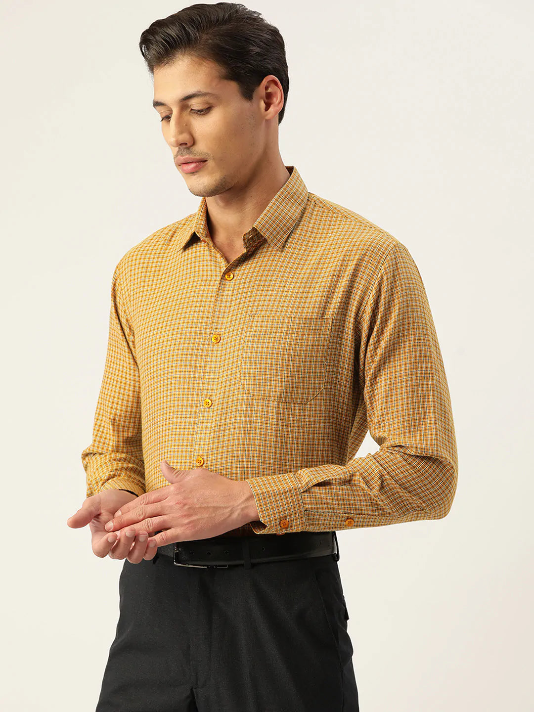 Jainish Men's Cotton Checked Formal Shirts ( SF 804Mustard )