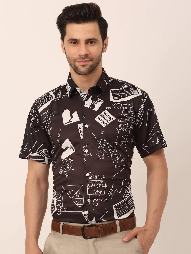 Jainish Men's Lycra Printed Half Sleeve Formal Shirts ( SF 813Black )